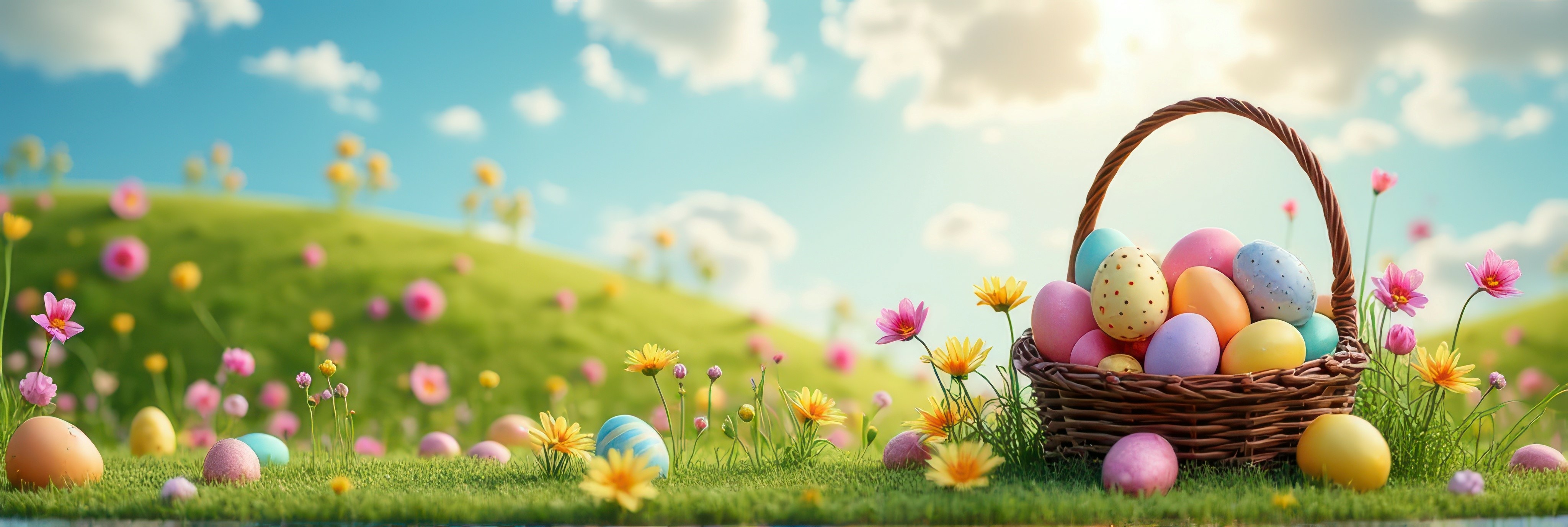 Wiese mit bunten Blumen, blauer Himmel, dazu ein Korb mit Ostereiern